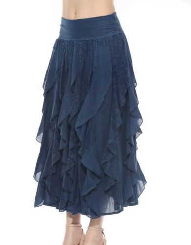Women's 100% Cotton Boho Fold Over Waist, Crochet Lace Spiral Maxi Skirt - Mineral Blue