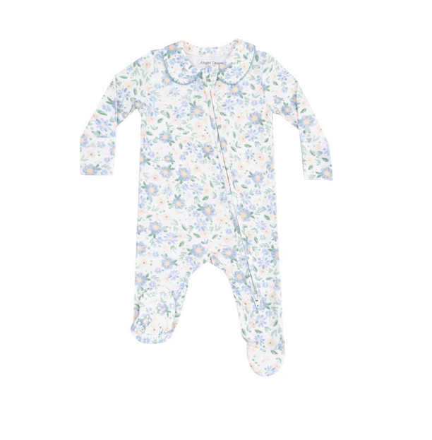 Angel Dear Bamboo Peter Pan 2 Way Zippered Footie - Baby Veronica Blue Floral