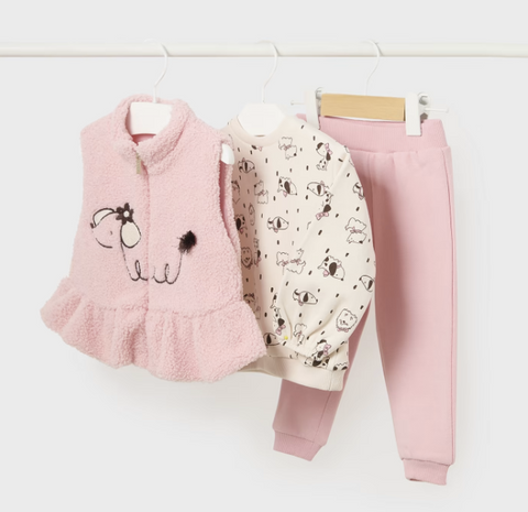 2871 Mayoral Toddler Girls 3PC Plush Vest & Sweat Suit Set - Pink Poodle