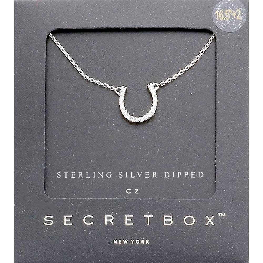 Secret Box Sterling Silver Dipped CZ Horseshoe Pendant Necklace: Silver