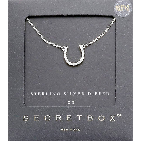 Secret Box Sterling Silver Dipped CZ Horseshoe Pendant Necklace: Silver