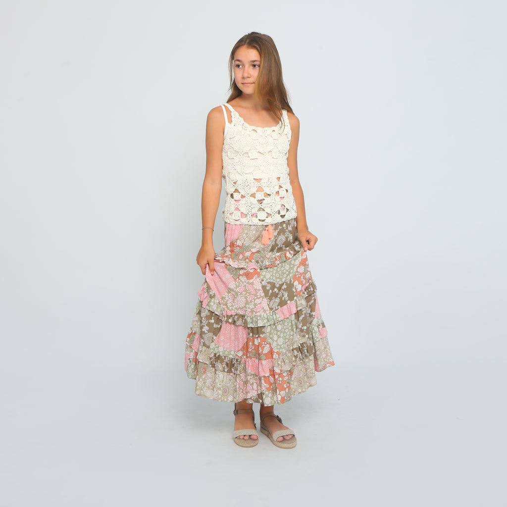 Joyous Tiered Maxi Skirt - Wonderland Olive & Peach