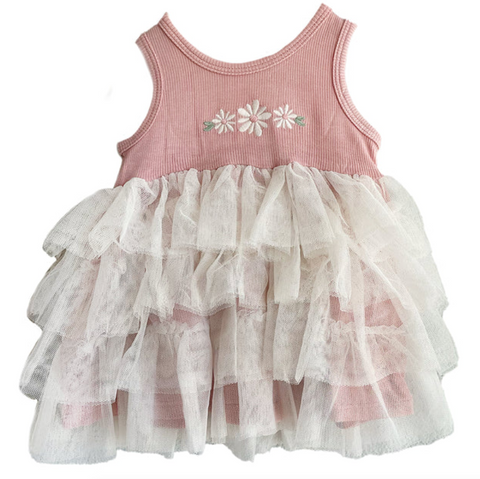 Angel Dear Bamboo Ribbed Cami Tank Tutu Tulle Dress - Silver Pink/Ivory