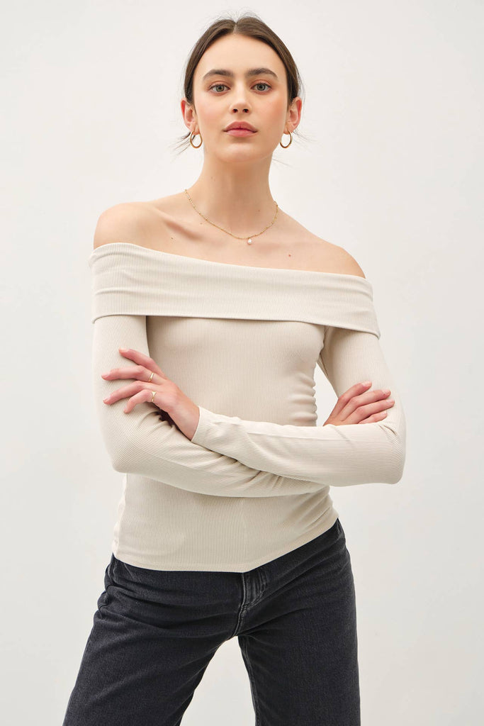 Women's/Teens Soft Solid Off Shoulder Long Sleeve Fitted Top: Ecru