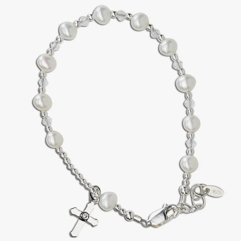 First Communion Sterling Silver & Pearl Cross Bracelet, 6-12 Yrs