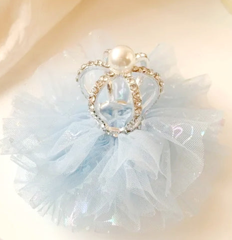 Crystal Crown Tulle Tiara NonSlip Hair Clip -Silver Royal Pearl/Baby Blue