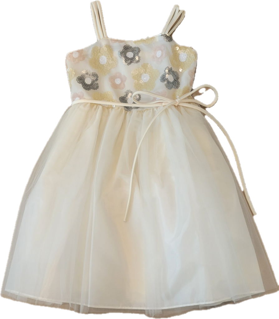 Sequined Special Occasion Satin Spaghetti Strap Tulle Overlay Dress - Ivory