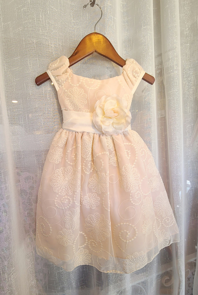 Embroidered Special Occasion Overlay Dress w/Flower Sash - Peach
