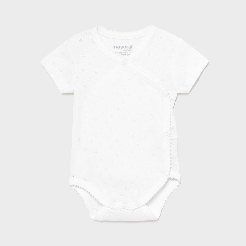191 Mayoral Girls Basic Snaps Bodysuit, White, Kimono Styled, Front