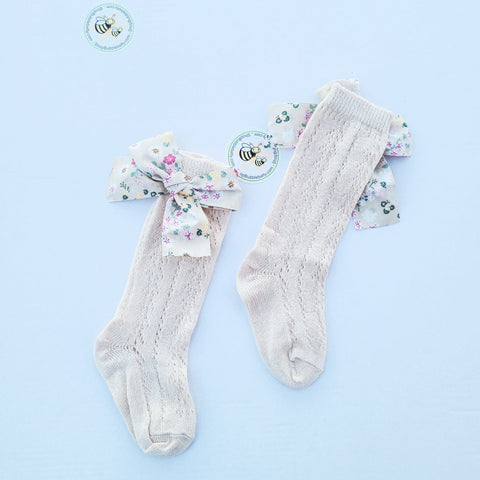 Knee-Hi Socks, Openwork Knit, Spring Floral, Cream