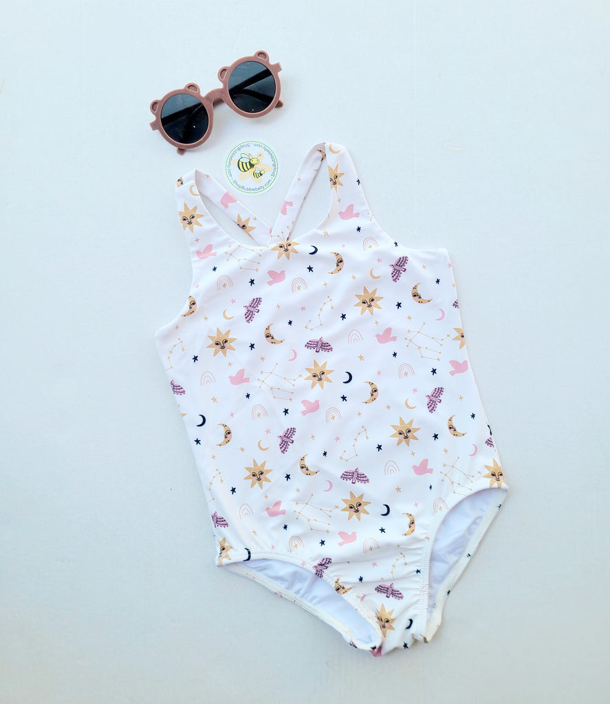 Bird & Bean Onepiece Criss Cross Swimsuit, Sun/Moon/Stars