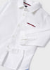 Eco-Friendly Mayoral Boys Button Up Shirt, Collared White Long Sleeve, Decorative Front Pocket