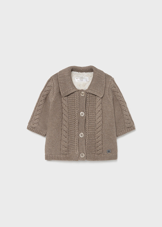 Mayoral Boys Woven Knitted Brown Cardigan Jacket, Front Button Fastenings, Collared Cardigan, Fur on the Inside, Front