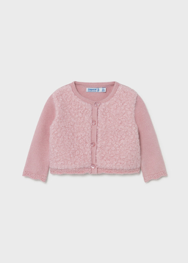 Mayoral Girls Tricot Knitted Cardigan, Pink, Long Sleeve, Front Central Button Fastening, Wool Style