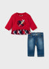 Mayoral Girls Red Long Sleeve Sweater, Decorative Ruffles, Denim Styled Pants, Front