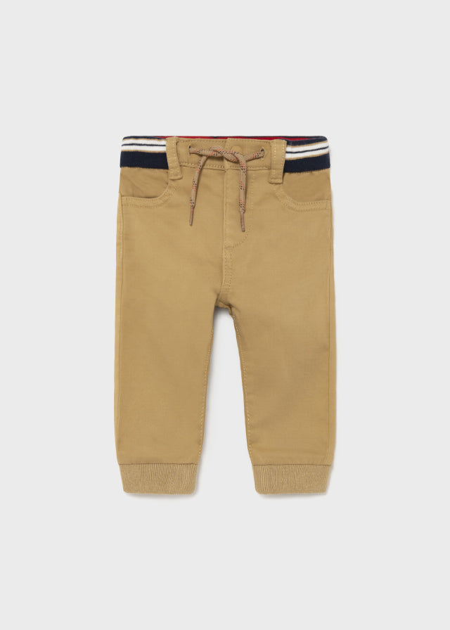 Mayoral Boys Tan Jogger Pants, Elasticated Bottom Cuffs and Waistband, Adjustable Drawstring, Pockets, Front