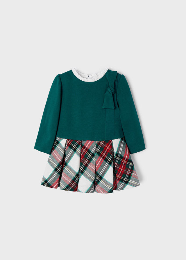Girls Mayoral Green Checkered Combined Long Sleeve Dress, Decorative Front Applique, Round Neckline with Small Ruffles, Front 