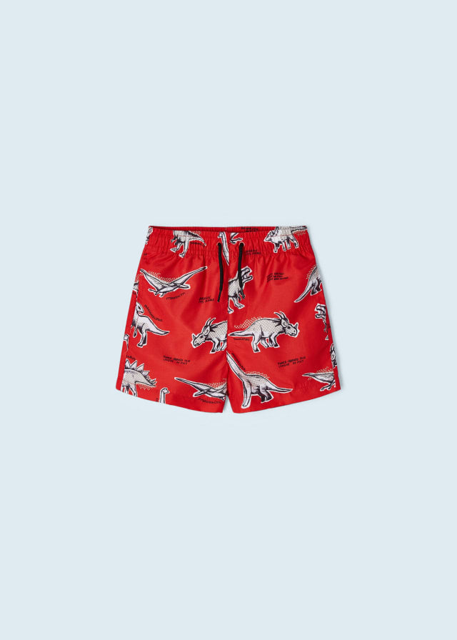 3684 Mayoral Mini Boys Printed Swim Trunk Shorts, Red Dinosaur