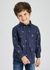 Boys Collared Long Sleeve Cowboy Printed Shirt, Button Down, navy Blue, Front