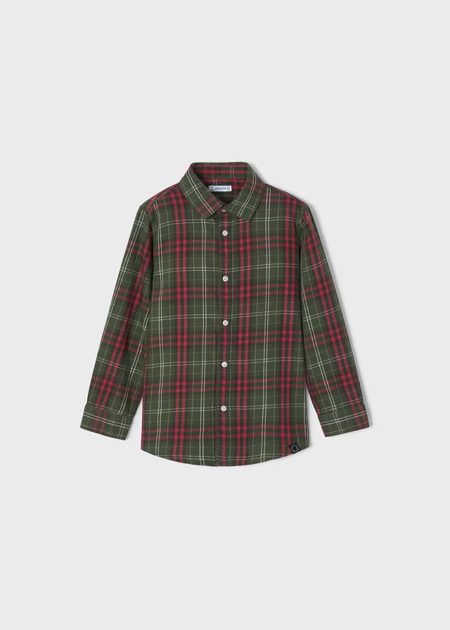Mayoral Boys Forest Green and Red Checkered Shirt, Collared Button Up, Long Sleeve, Front