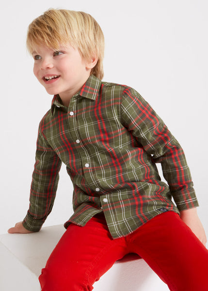 4189 Mayoral Boys Checkered Long Sleeved Shirt, Forest Green