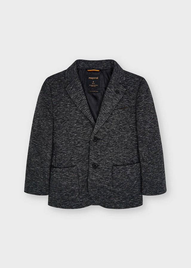 Mayoral Boys Black Knitted Blazer, Two Front Buttons, Low Collared, Long Sleeves, Two Front Pockets, Front