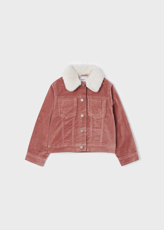 Girls Mayoral Corduroy Jacket, Blush Pink/Nude, Front Button Fastening, Front Functional Pockets, Detachable Faux Fur, Front
