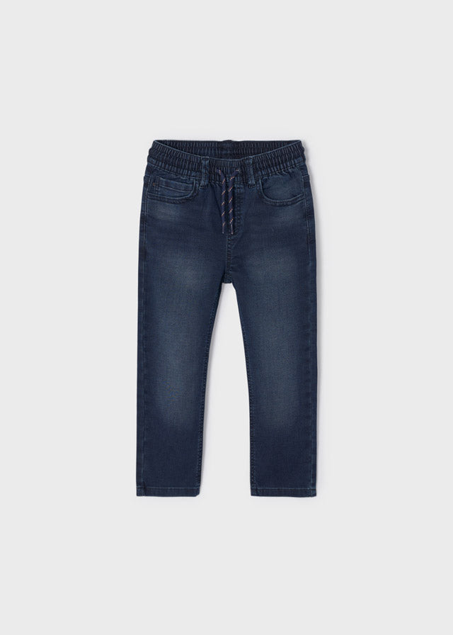Mayoral Boys Dark Blue Denim Soft Jogger Pants, Eco-Friendly, Front Pockets, Adjustable Drawstring and Elasticated Waistband, Front