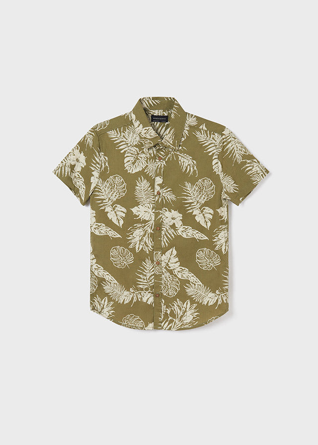 Mayoral Boys Short Sleeved Tropical Green Shirt, Button Down, Front, Collared Top