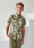 Mayoral Boys Button Down Shirt, Collared Short Sleeved Green Tropical Shirt