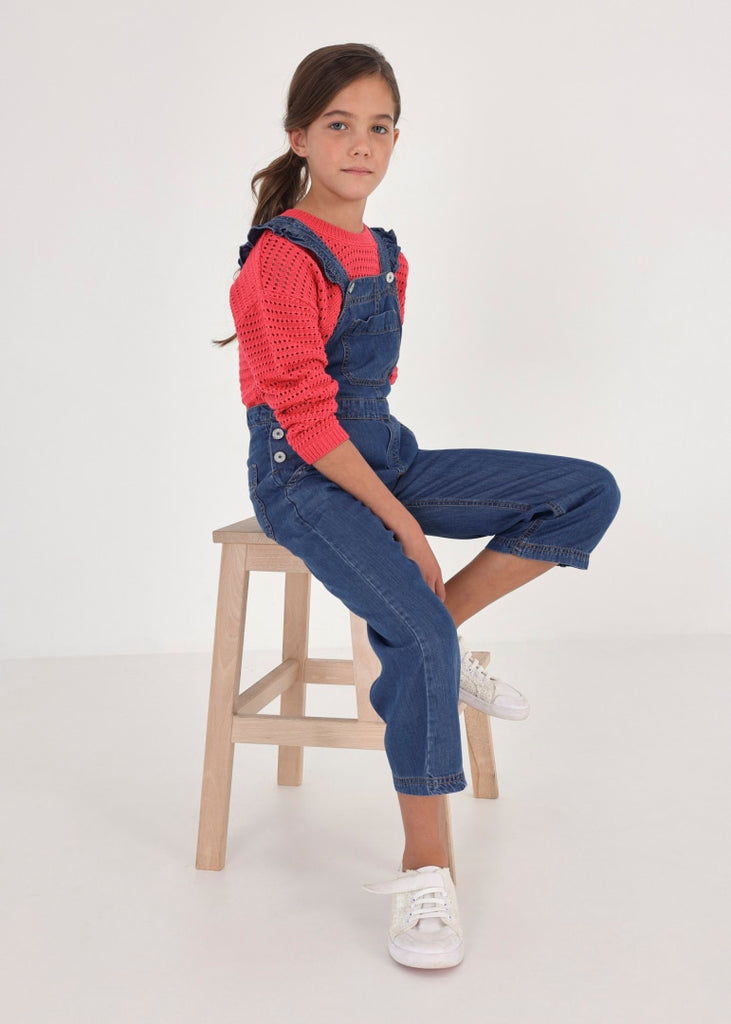 6650 Mayoral Jr Girls Eco-Tencel Cropped Flutter Denim Overalls modeled