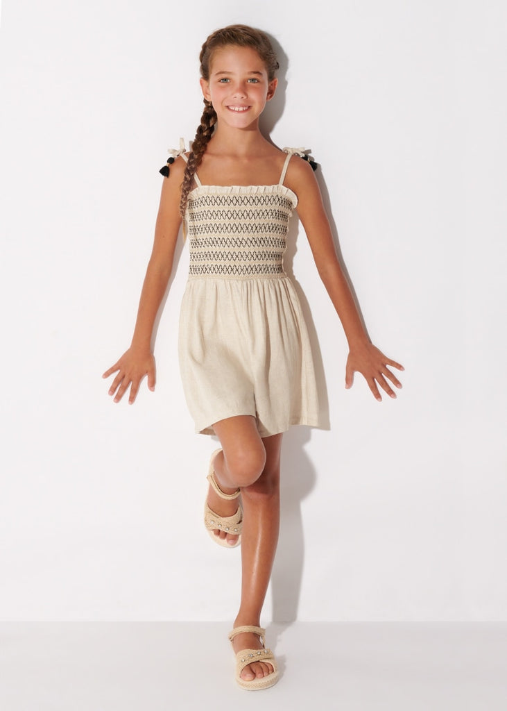 6841 Mayoral Jr Girls Spaghetti Strap Smocked Romper, Linen lifestyle