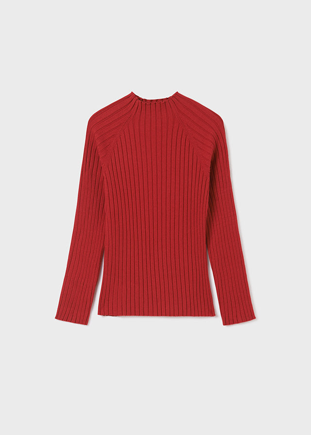 Mayoral Girls Red Knitted Ribbed Mock TurtleNeck Shirt, Long Sleeved Shirt, Front