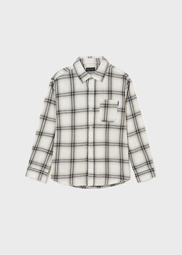 Mayoral Boys Cream Collared Long Sleeve Shirt, Front Functional Pockets and Front Central Button Fastenings, Front