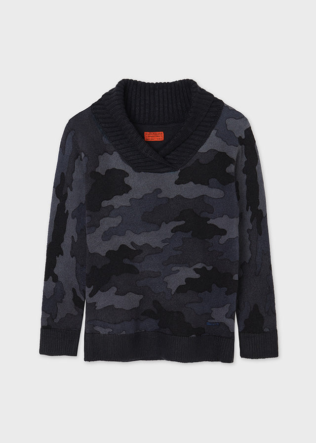 Boys Mayoral Long Sleeve Petroleum/Dark Grey Camouflage Styled Sweater, Knitted Shawl Collar, Front