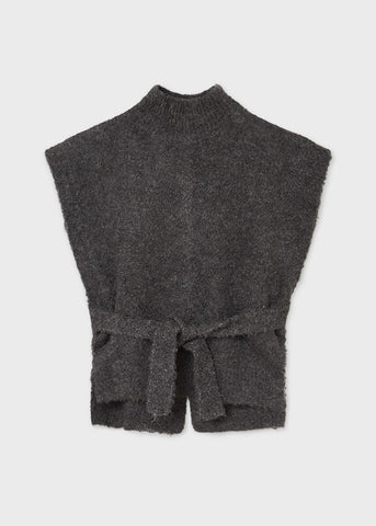 7361 Mayoral Girls Belted Knit Poncho Vest, Dark Grey