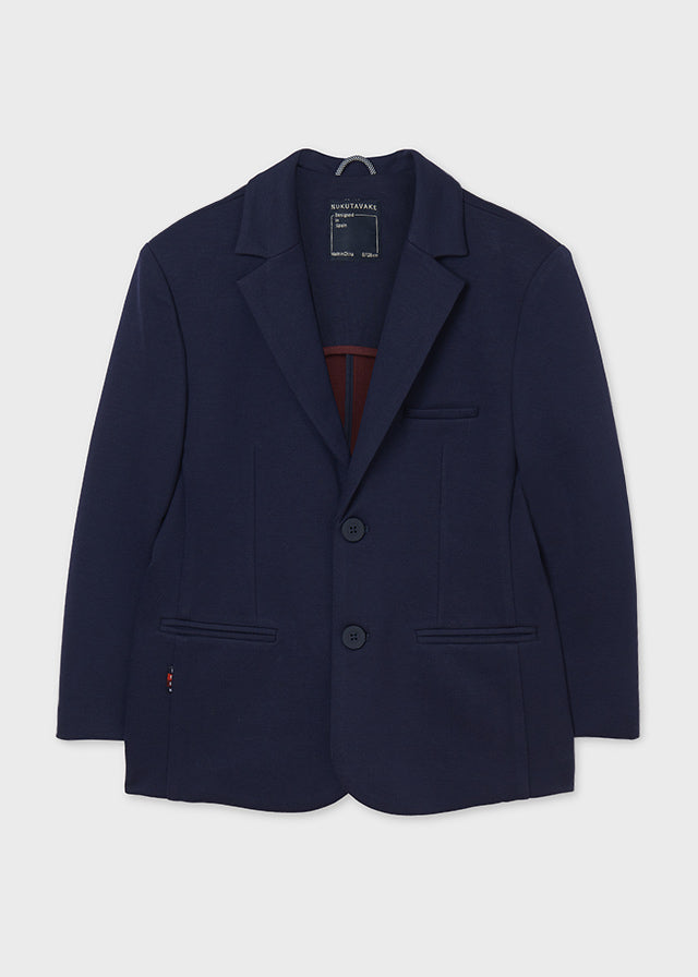 Mayoral Boys Navy Blue Knit Blazer, Front, Low Collar, Long Sleeve, Two Front Pockets, One Chest Pocket, Front Buttons 