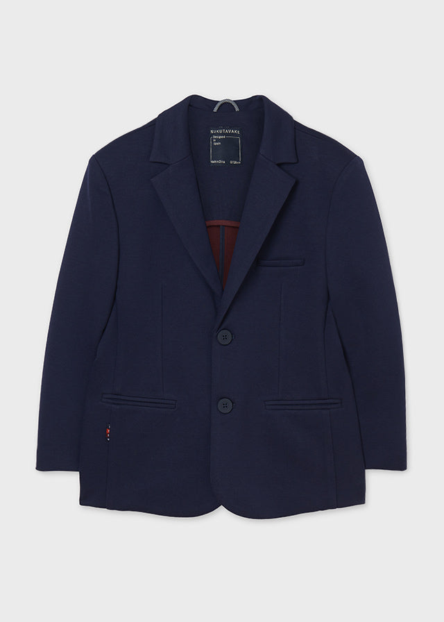 Mayoral Boys Navy Blue Knit Blazer, Front, Low Collar, Long Sleeve, Two Front Pockets, One Chest Pocket, Front Buttons