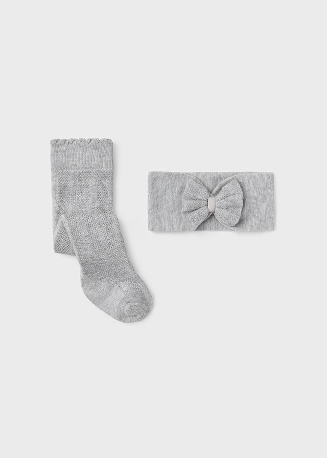 Mayoral Girls Heather Grey Tights with Matching Headband, Decorative Lacing, Bow on Headband