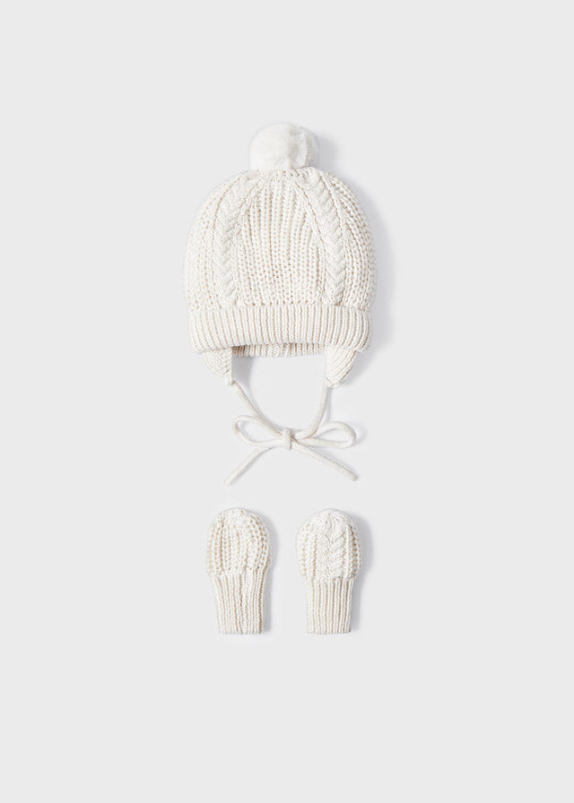 Mayoral Boys Knitted Pom Pom Beanie, Built in Ear Muffs, Adjustable Chin Strap, Gloves/Mittens