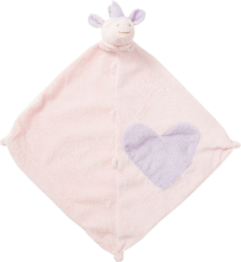 Pink Security Blankie with Unicorn Head and Purple Heart on Pink Blanket