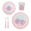 bamboo kids dinnerware set, tableware sustainable set, utensils, plate, bowl, cup, caticorn, pink
