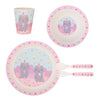 bamboo kids dinnerware set, tableware sustainable set, utensils, plate, bowl, cup, caticorn, pink