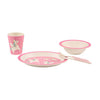 childrens dinnerware set, bowl, plate, utensils, cup.  sustainable, rainbow unicorn bamboo
