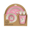 childrens dinnerware set, bowl, plate, utensils, cup.  sustainable, rainbow unicorn bamboo