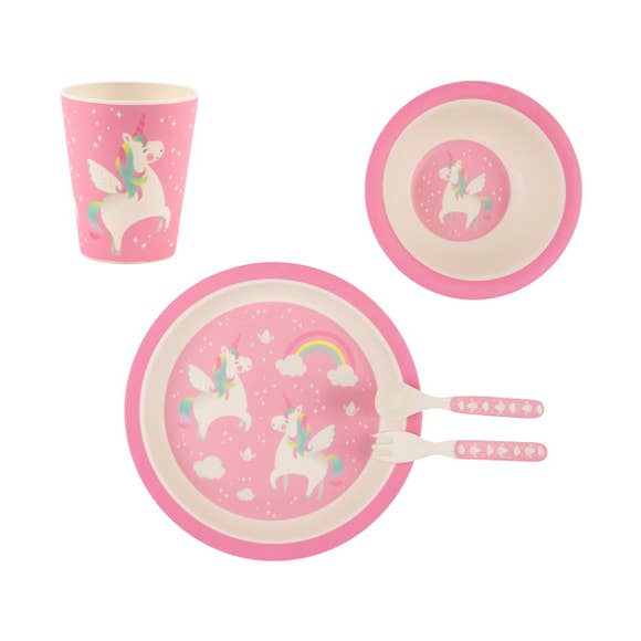 childrens dinnerware set, bowl, plate, utensils, cup.  sustainable bamboo
