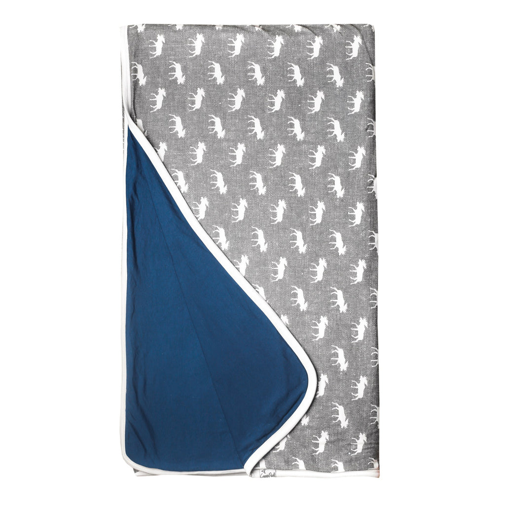 Copper Pearl 3 Layer Jumbo Quilt, Scout, Grey and White Moose, Blue One Side, Lux Cozy, Stretchy Quilt Blanket