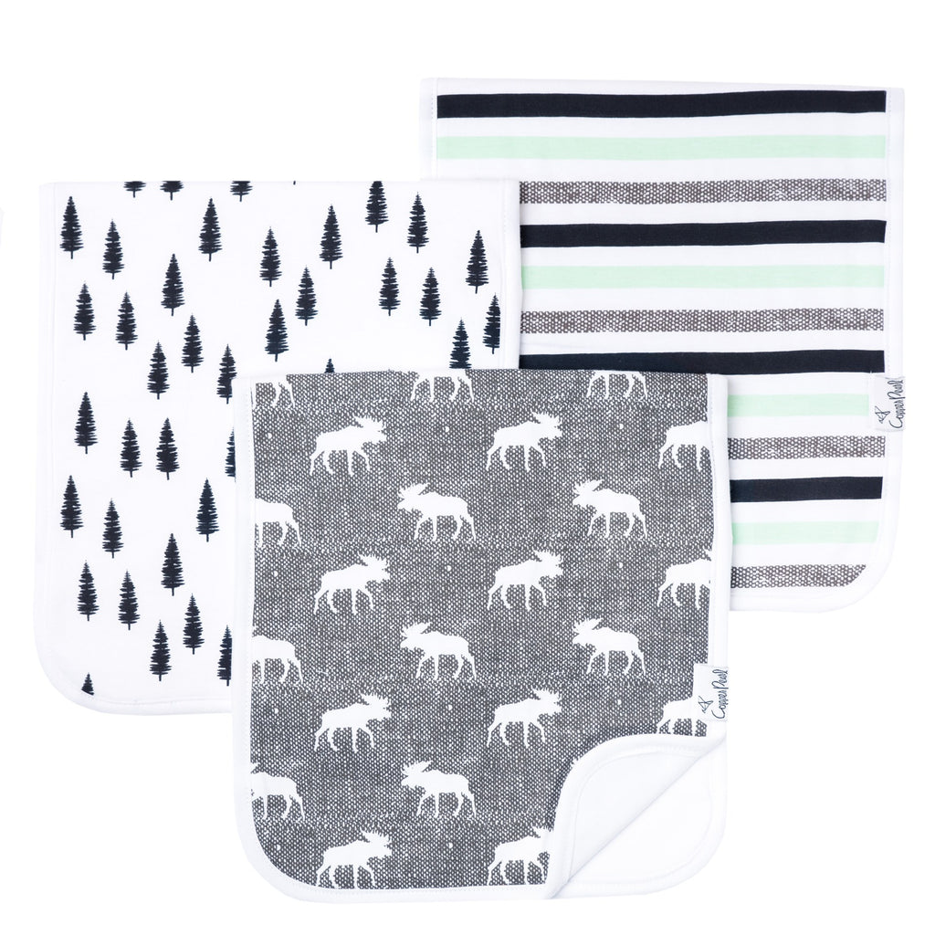 Copper Pearl Lux 3 Pack of Burp Cloths, Scout, Moose, Trees, Striped Printed