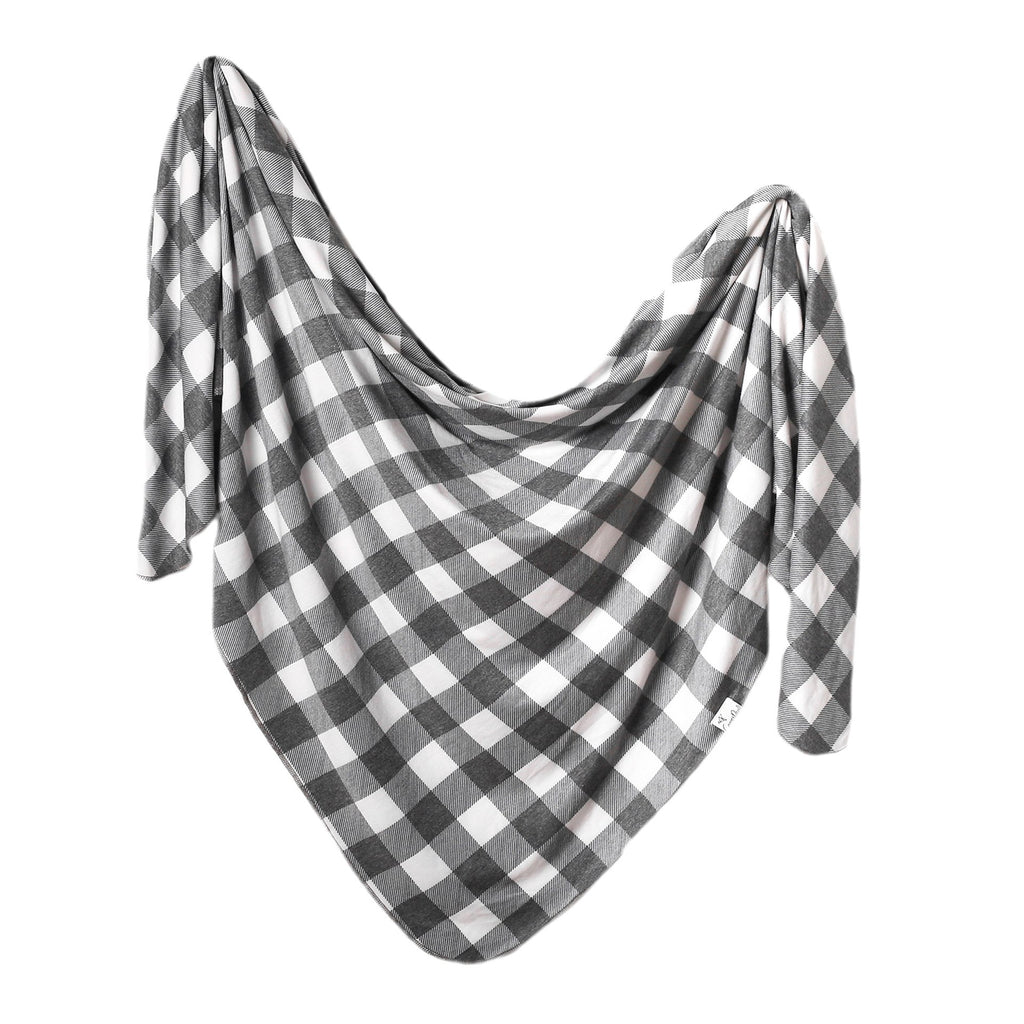 Copper Pearl Black and White Plaid Swaddle Blanket, Single Knit Blanket, Scotland