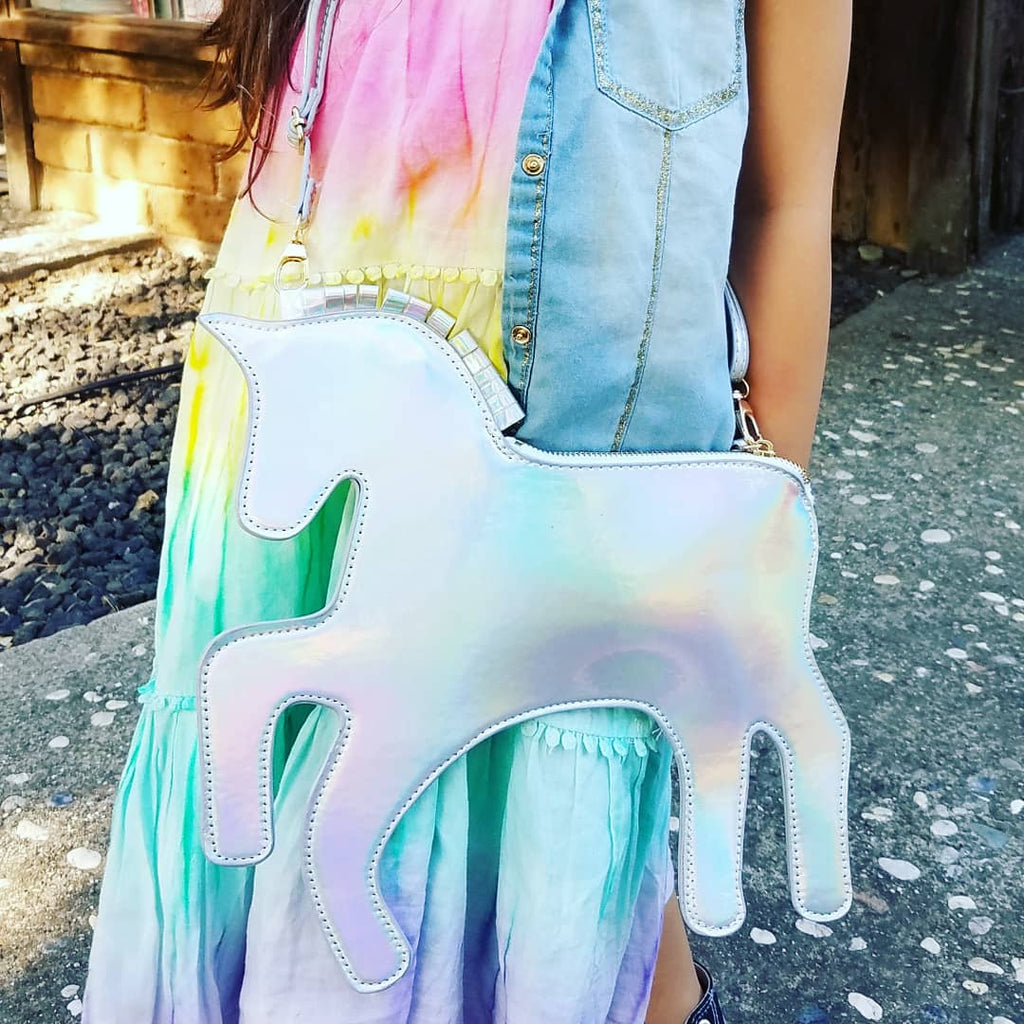 leatherette unicorn purse, silver, iridescent leatherette cross body handbag purse
